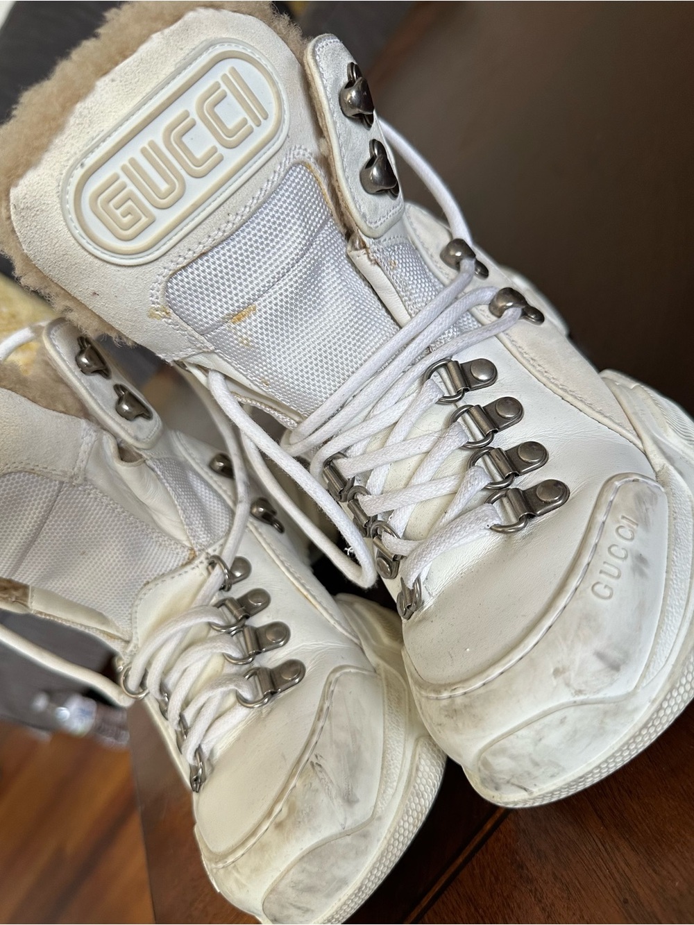 Gucci White Shearling-Trim High-Top Sneakers